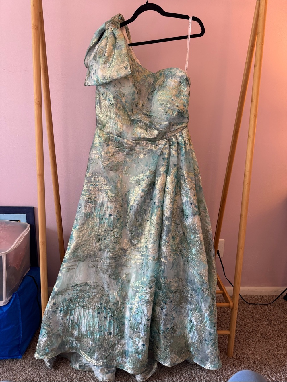 Jovani One-Shoulder Metallic Aqua and Gold Evening Gown